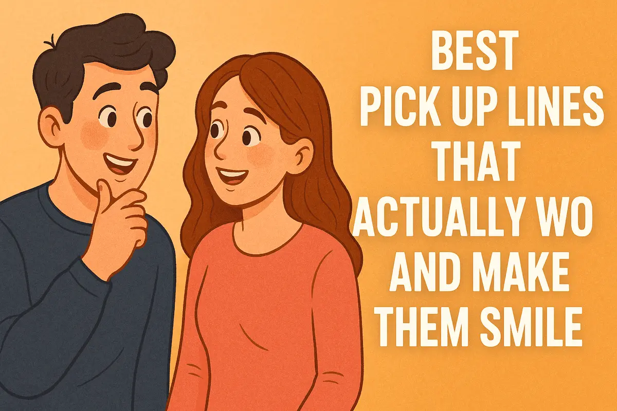Cartoon couple smiling with the text “Best Pick Up Lines That Actually Work and Make Them Smile”