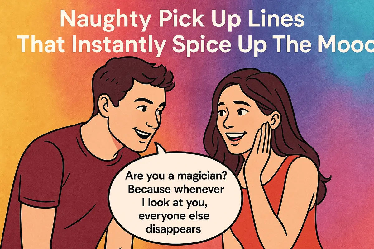 Naughty pick up lines to spice up the mood illustrated with flirty cartoon couple