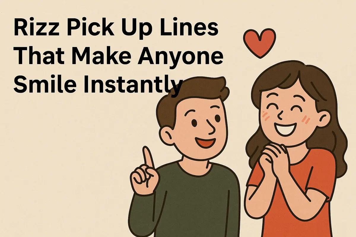 Cartoon couple smiling with a heart above them and pickup line text