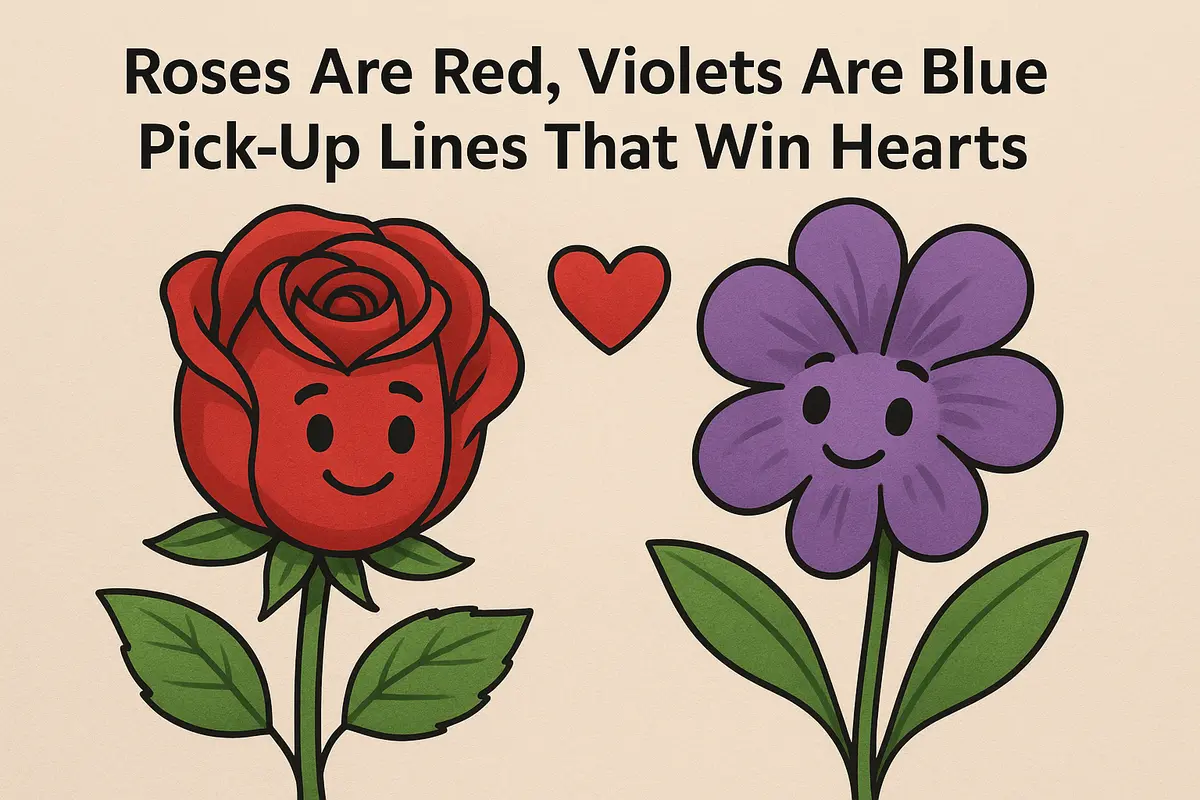 Smiling cartoon rose and violet with heart and romantic pick-up line text