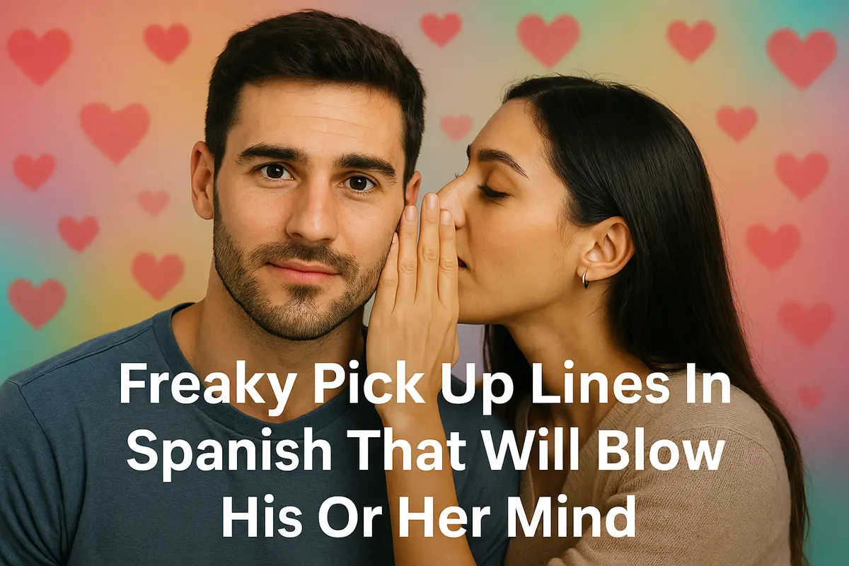 Ultra-realistic couple with hearts background sharing freaky Spanish pick-up lines