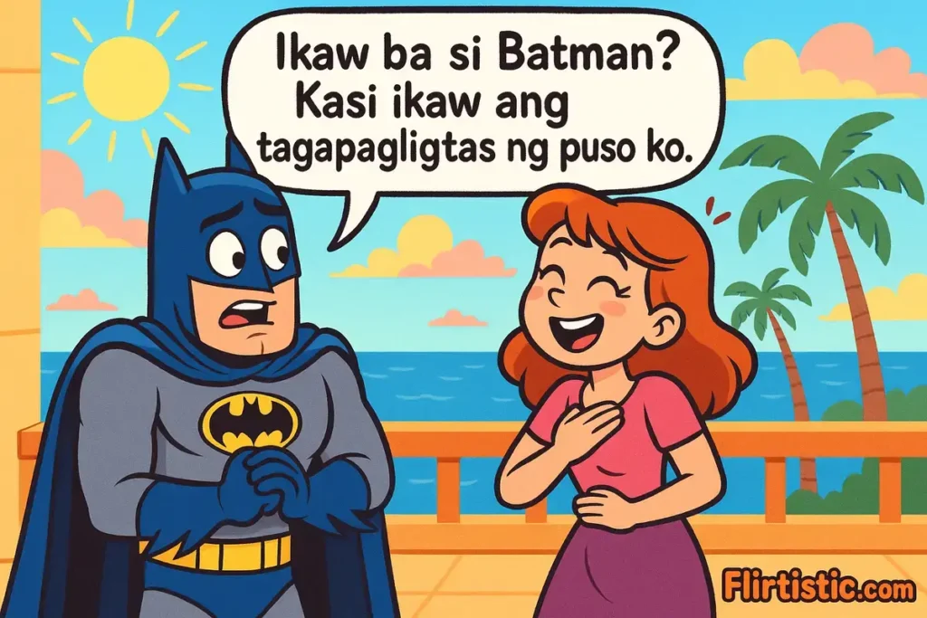 Funny batman pick up lines cartoon with girl laughing on sunny seaside