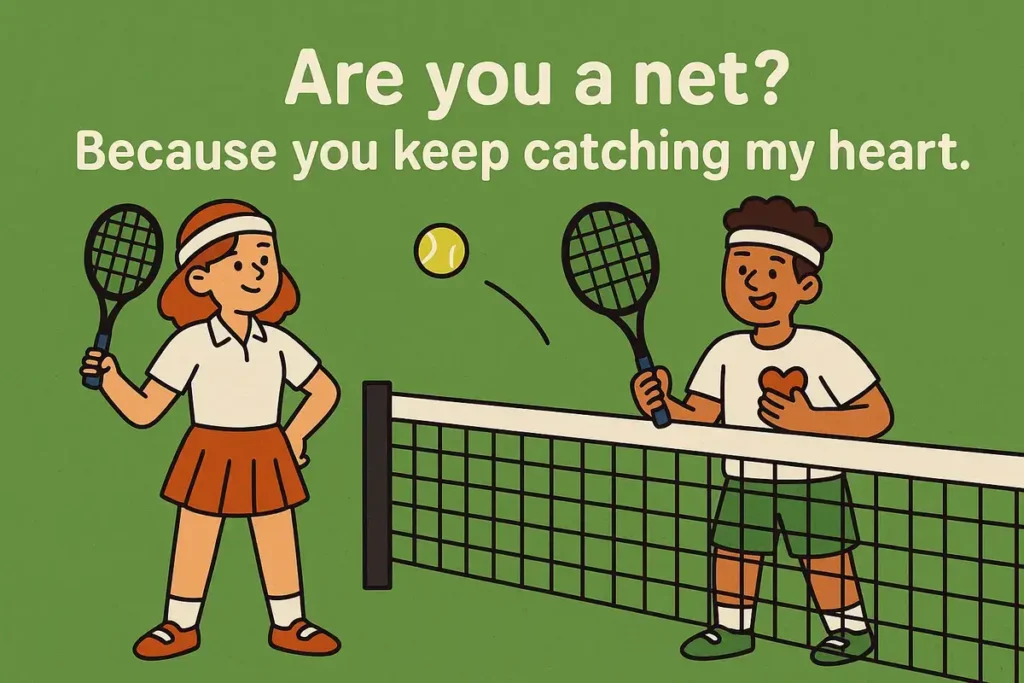Ultra cartoonish tennis couple with text "Are you a net? Because you keep catching my heart" – tennis pick up lines.