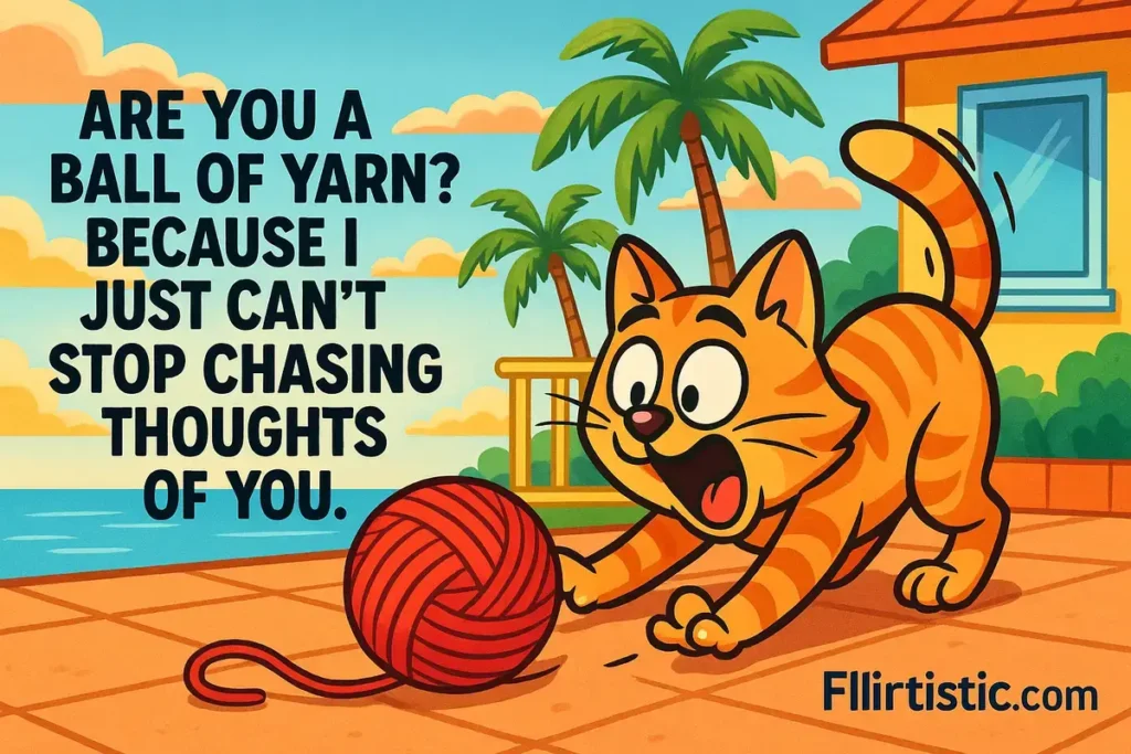 Cartoon cat chasing yarn with flirty text on sunny ocean patio.