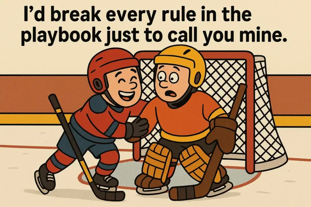 funny cartoon hockey scene with text for best hockey pick up lines