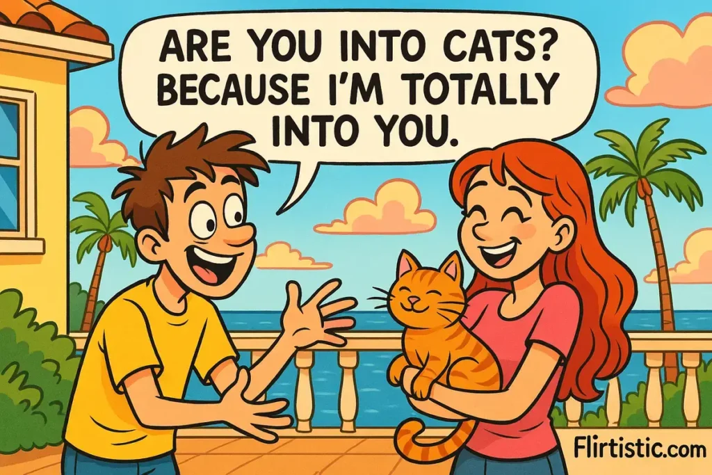 Cartoon couple with cat and flirty line, bright ocean view – Cat pick up lines