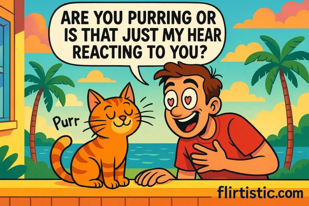 Cartoon of man and cat with heart eyes and quote for cat pick up lines