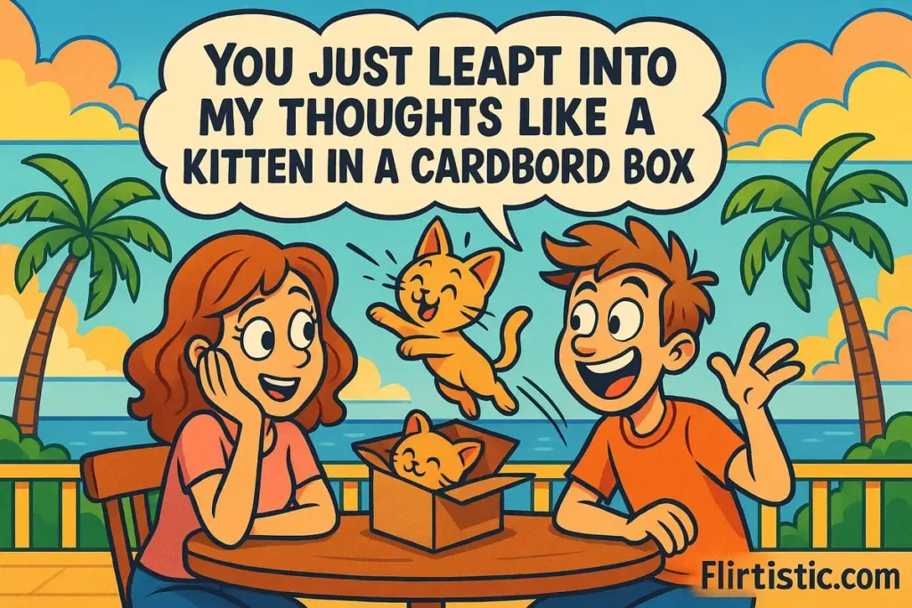 Cartoon of kitten leaping from box with flirty line; Cat pick up lines.