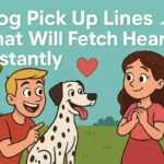 Dog pick up lines cartoon illustration with man, dog, and woman in park