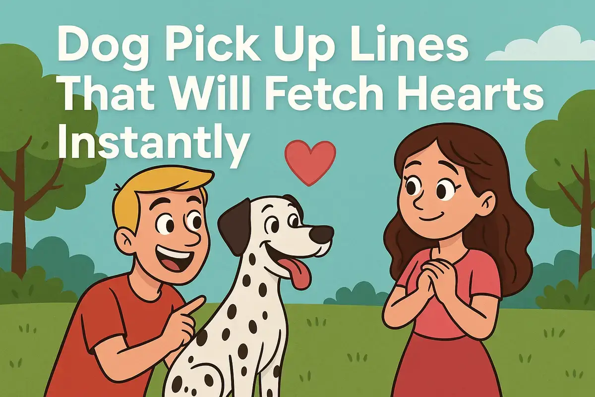 Dog pick up lines cartoon illustration with man, dog, and woman in park