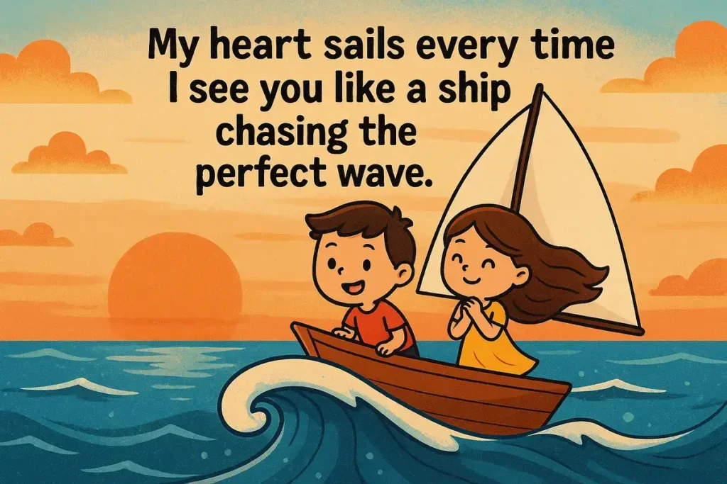 Fishing pick up lines cartoon of couple sailing on wave at sunset