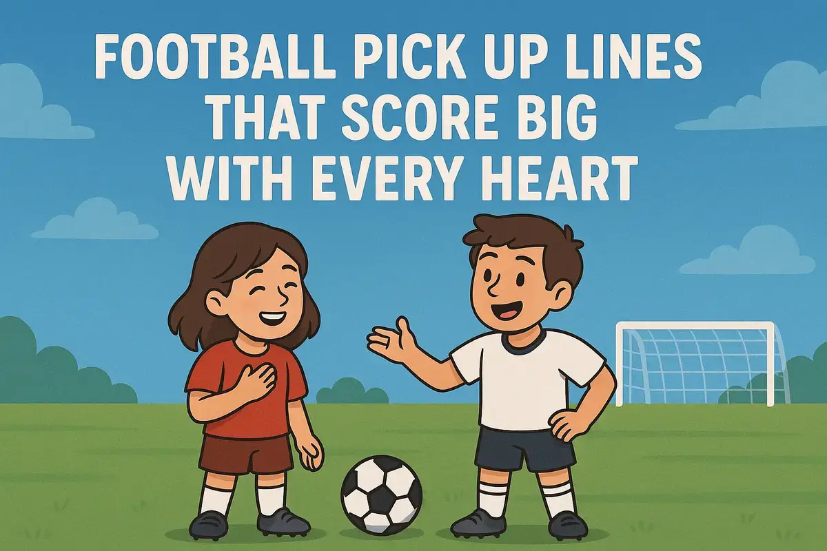 Cartoon soccer players exchanging football pick up lines on the field.