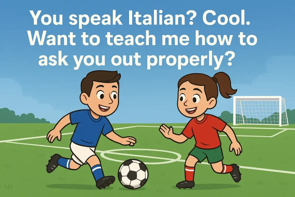 Soccer-themed cartoon with flirty Italian pick up line