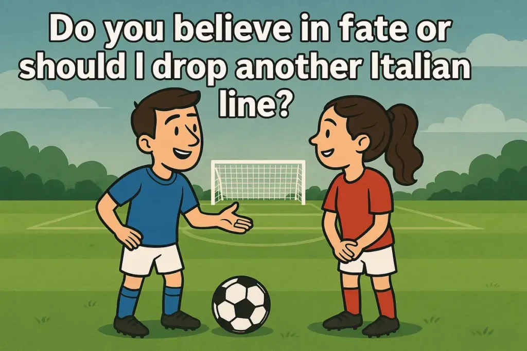 Cartoon soccer scene with flirty quote using Italian pick up lines