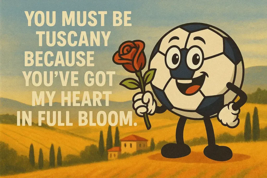 Cartoon soccer ball with rose and quote in Tuscan setting – Italian pick up lines