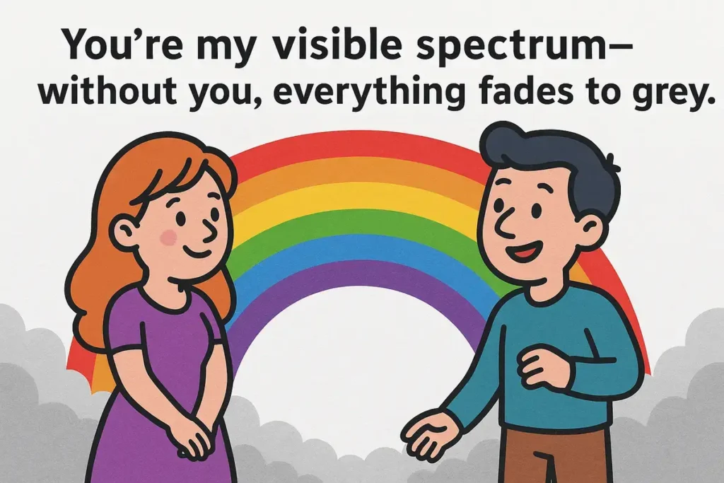 Cartoon couple with rainbow and physics pick up line about visible spectrum