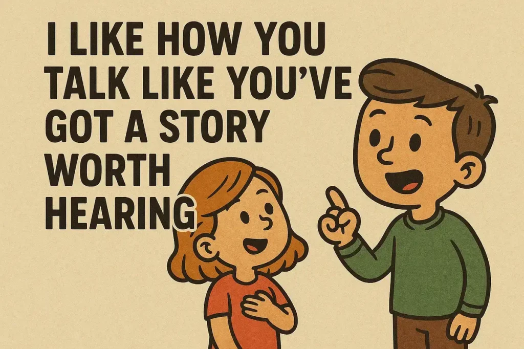 Cute cartoon couple talking with flirty pick up line quote