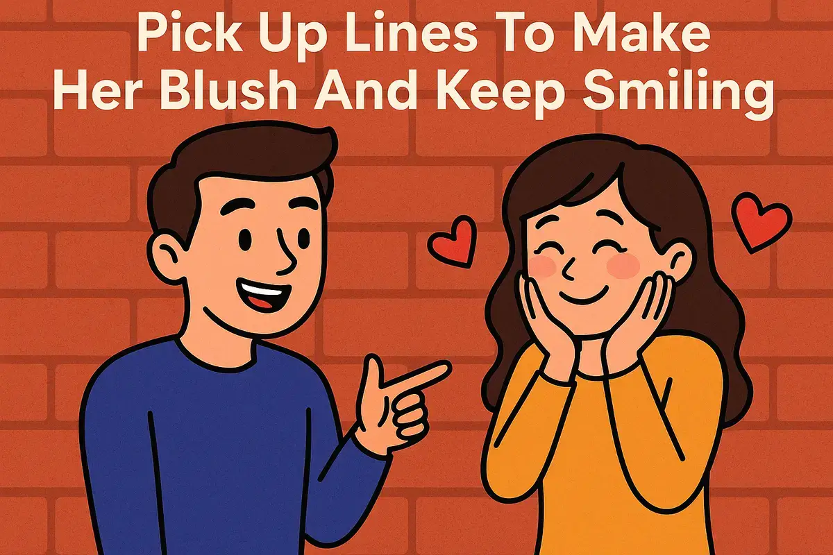 cartoon couple with hearts using pick up lines to make her blush