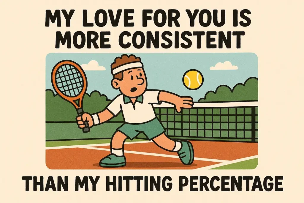 Funny tennis cartoon with love quote and tennis player