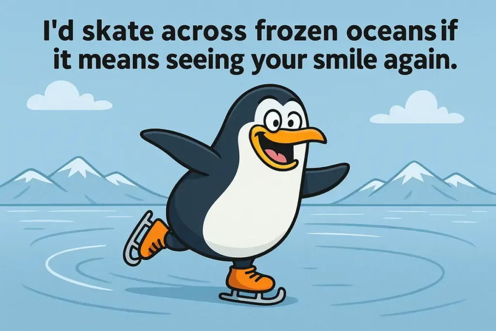 cartoon penguin ice skating with best hockey pick up lines quote
