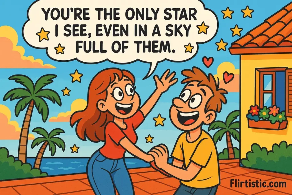 Cartoon couple with quote You’re the only star I see; space pick up lines
