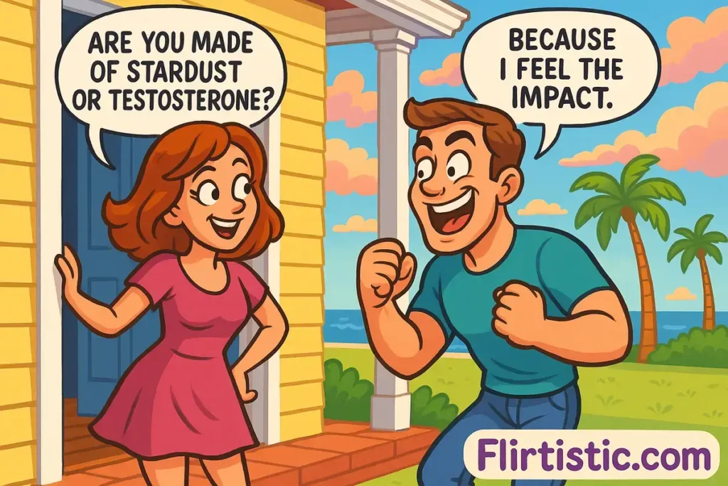 Flirty cartoon couple on porch with ocean view – space pick up lines