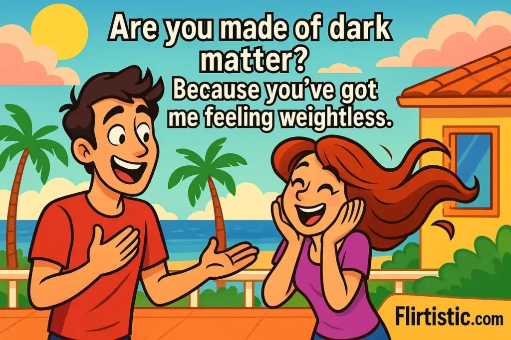 cartoon couple with space pick up line feeling weightless