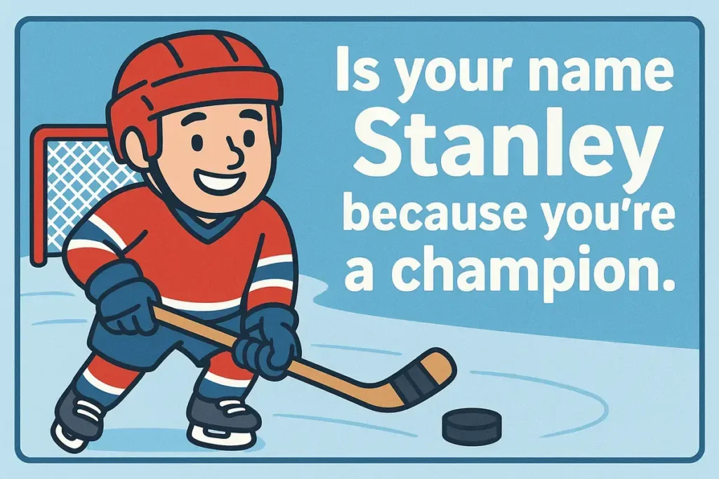 Cartoon hockey player with text “Is your name Stanley because you’re a champion” – best hockey pick up lines.