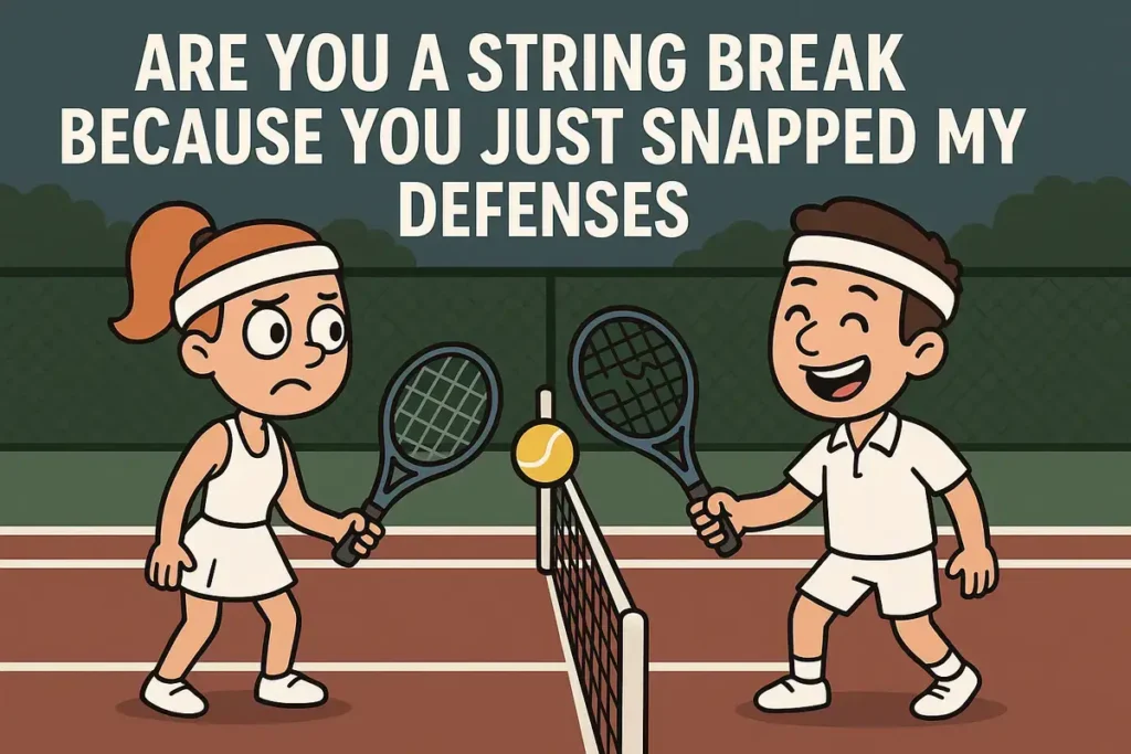 Funny cartoon tennis pick up line with string break pun