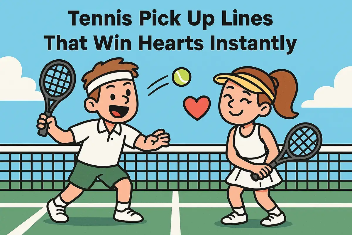 Cartoon tennis players flirting with heart, tennis pick up lines