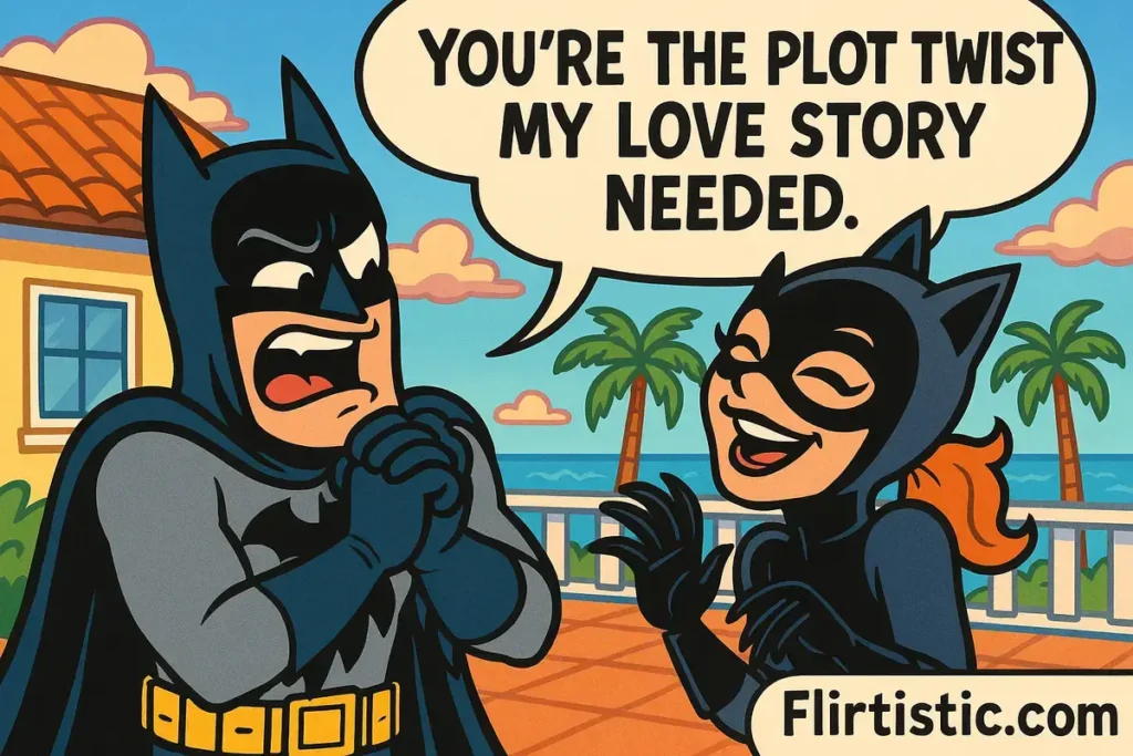 Batman and Catwoman cartoon with love quote and ocean view background