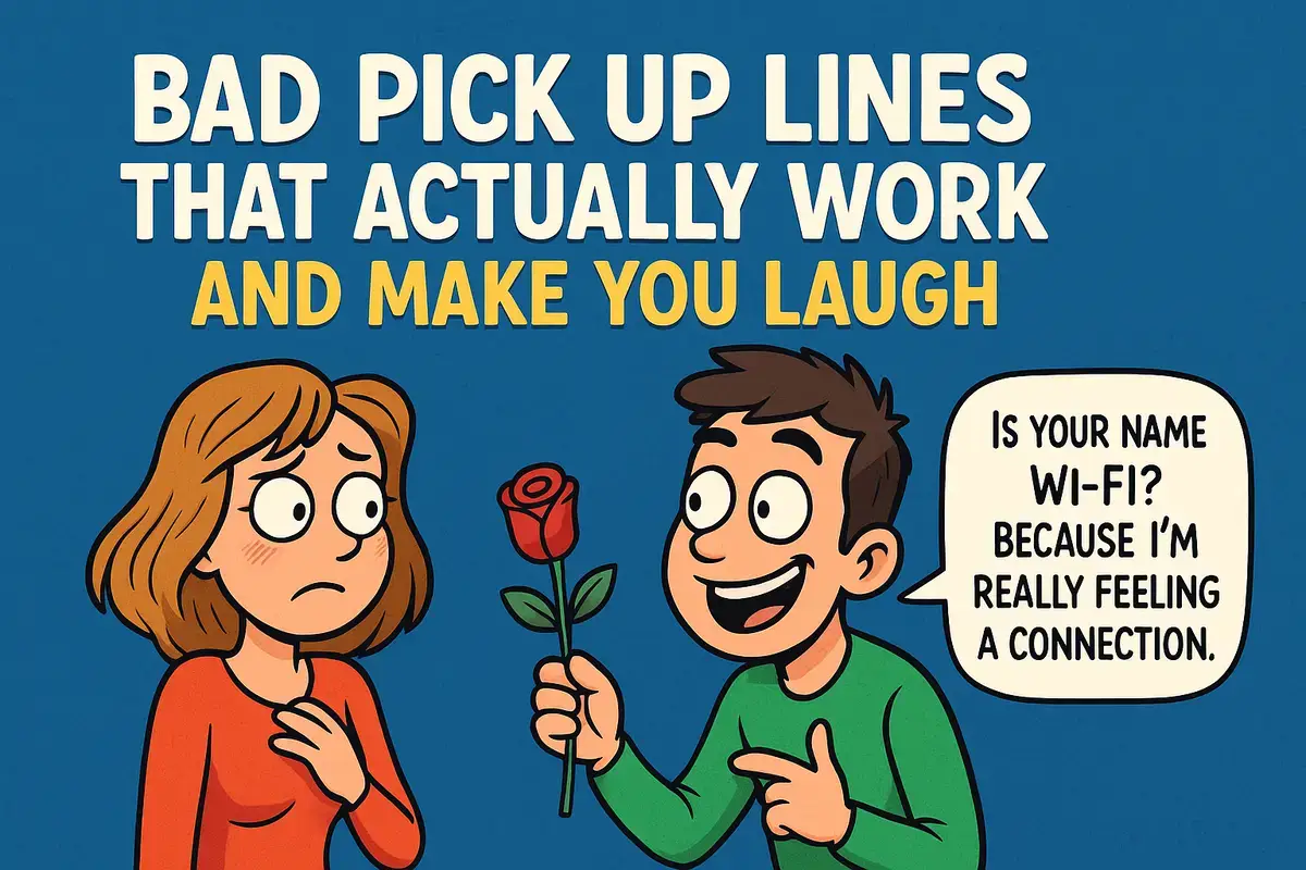 Funny cartoon couple with a cheesy joke for bad pick up lines.
