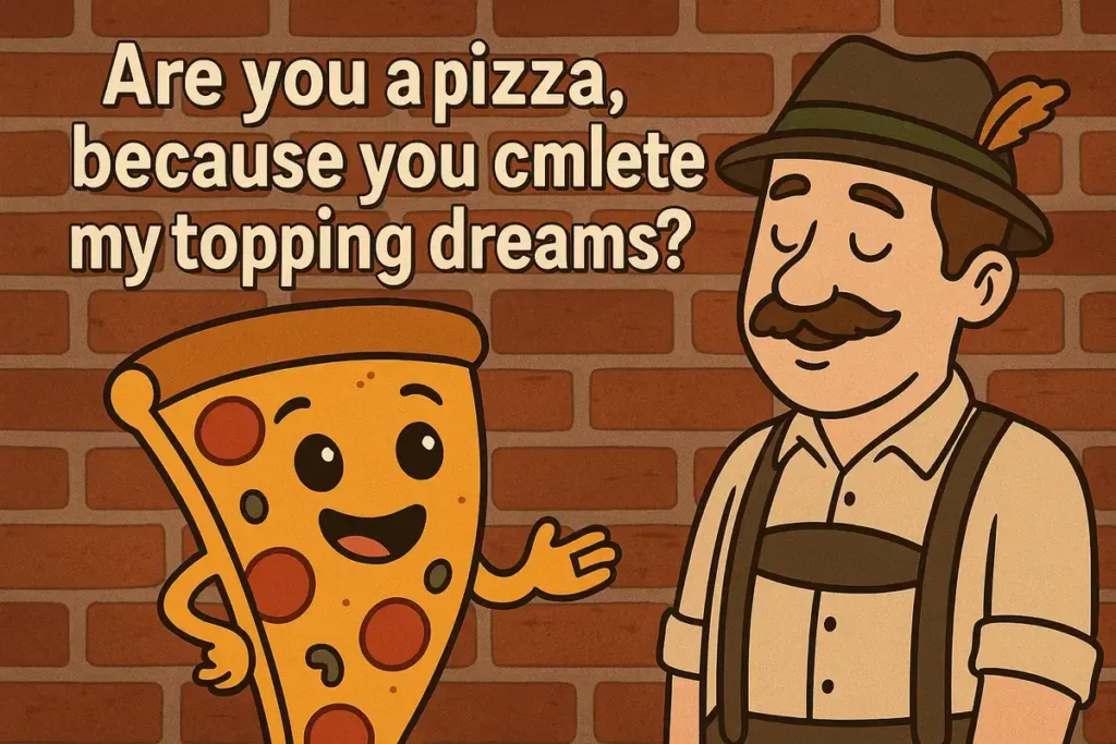 german man and pizza slice with bad pick up lines pun