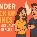 Funny cartoon couple chatting on phones with tinder pick up lines text