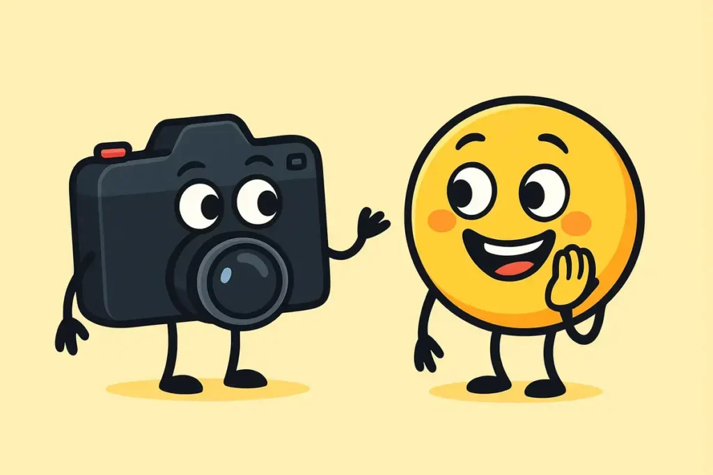 camera and smiling emoji in a playful scene