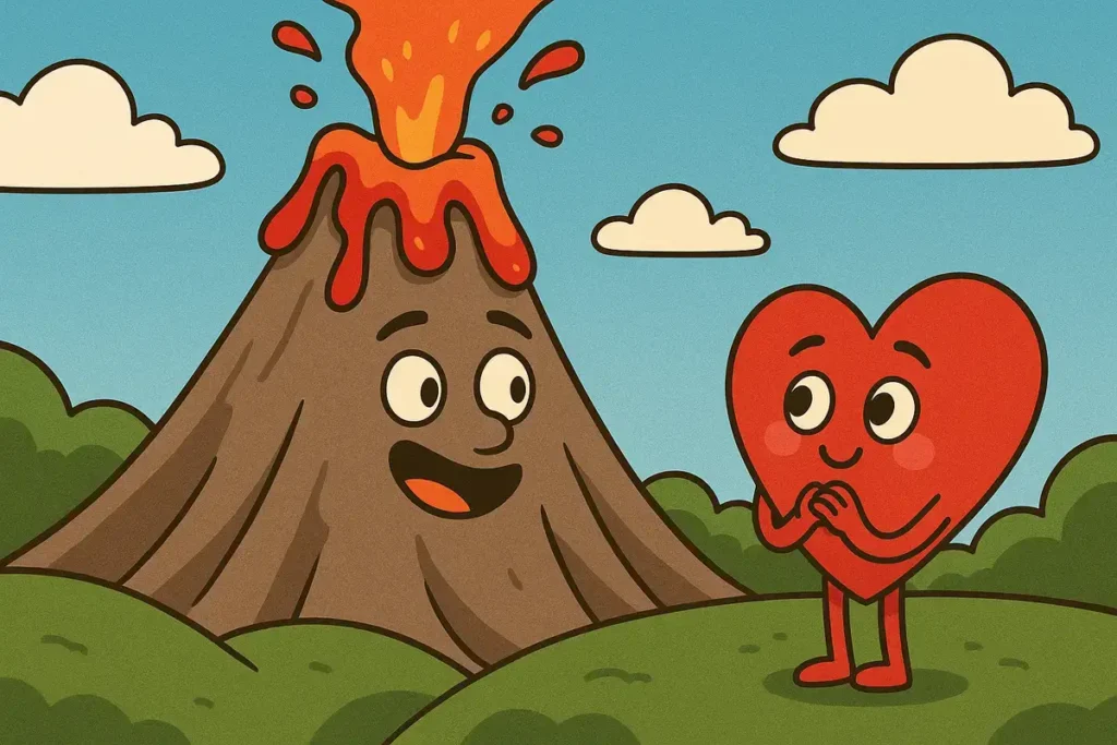 Volcano and heart character in funny worst pick up lines scene