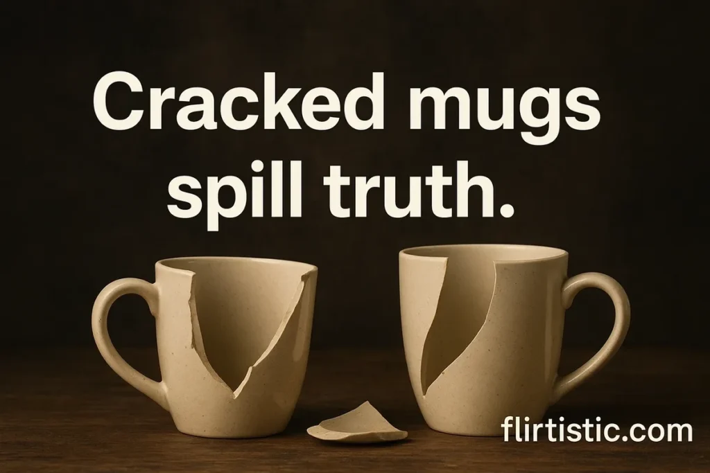 Cracked mugs spill truth.