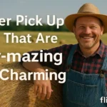 A smiling farmer in a sunny hayfield posing humorously with the text “Farmer Pick Up Lines That Are Truly Hay-mazing and Charming”, a funny farmer puns themed image for flirtistic.com.