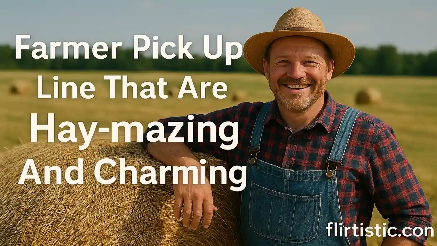 A smiling farmer in a sunny hayfield posing humorously with the text “Farmer Pick Up Lines That Are Truly Hay-mazing and Charming”, a funny farmer puns themed image for flirtistic.com.
